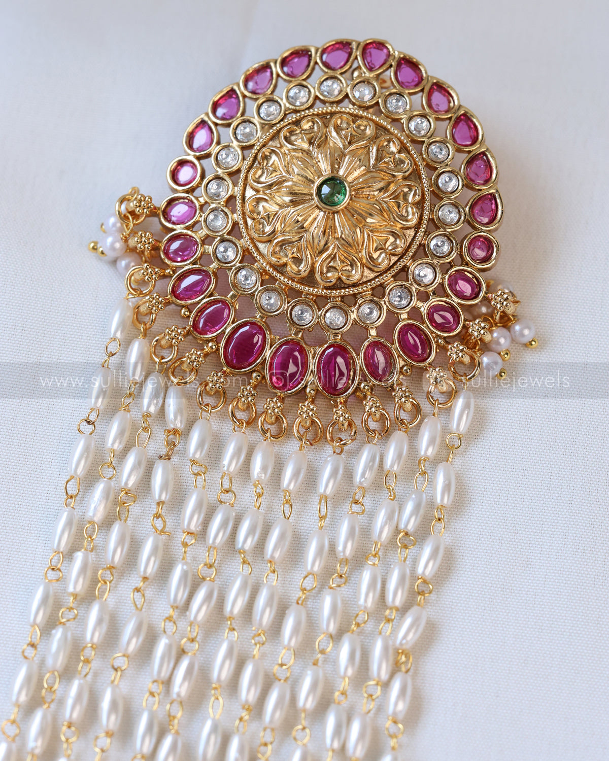 1094 - Round Floral Kemp Hair Brooch with Long Layered Rice Pearl & Green Beads