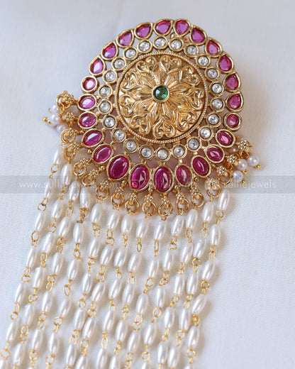 1094 - Round Floral Kemp Hair Brooch with Long Layered Rice Pearl & Green Beads