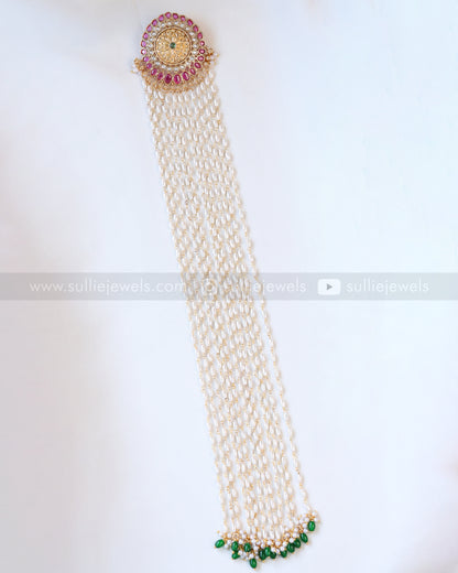 1094 - Round Floral Kemp Hair Brooch with Long Layered Rice Pearl & Green Beads