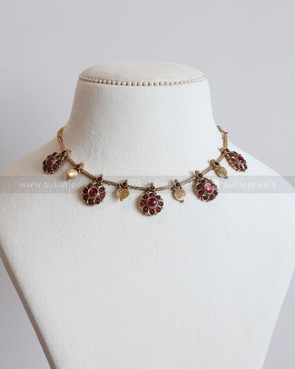 3771 - Sullie Basic - Traditional Coin & Ruby Flower Necklace with Studs