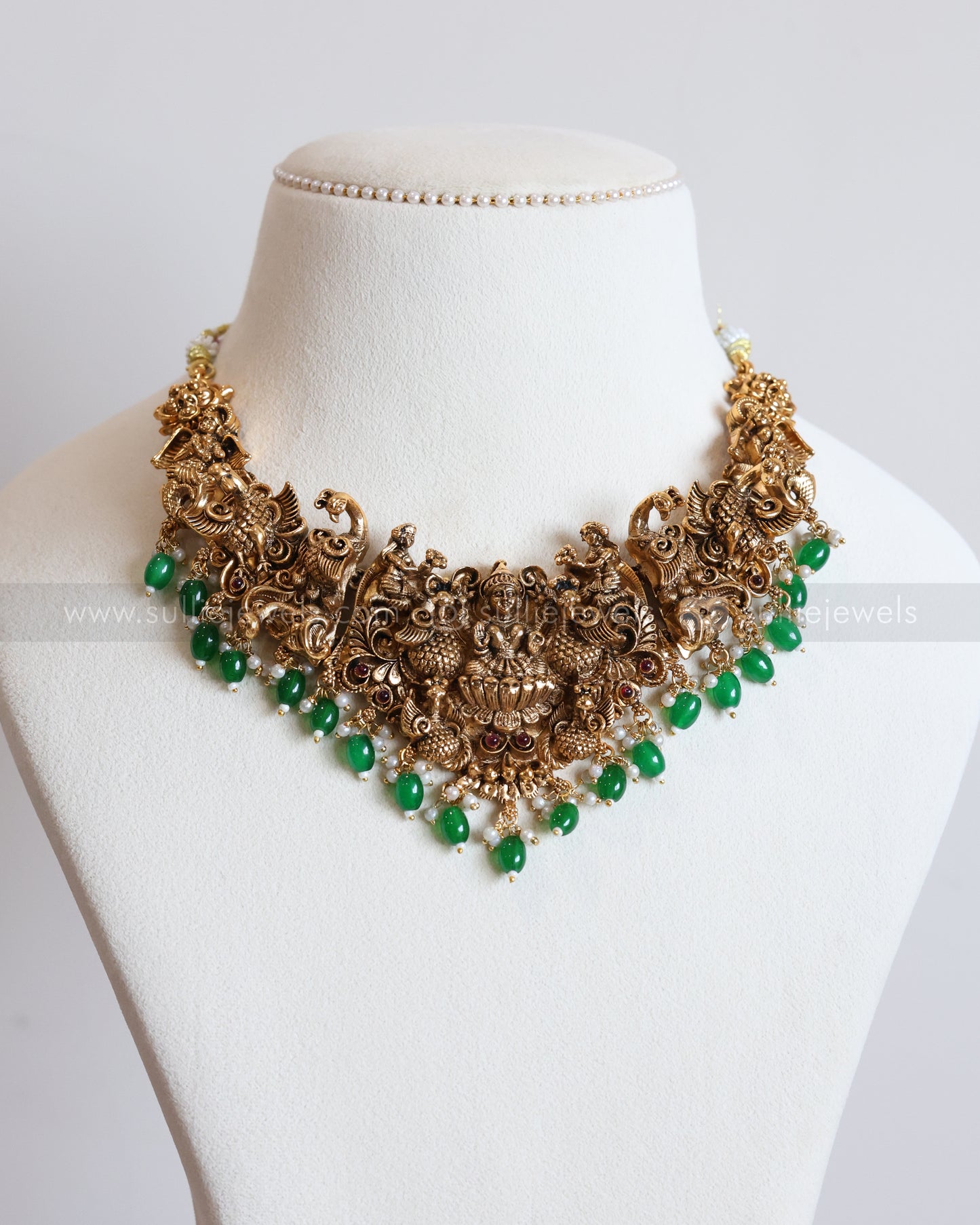 3772 - Sullie Basic Lakshmi Peacock 3D Necklace with Green Beads and Earring