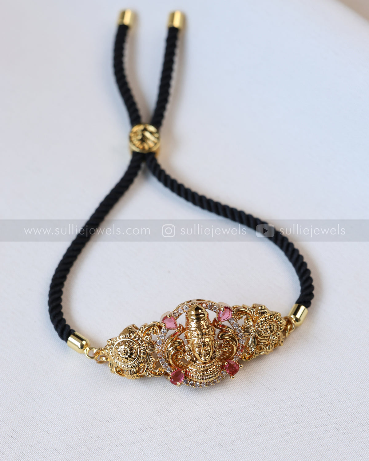 9095 - Adjustable Black Thread Bracelet with Lord Ruby Venkateshwara Charm
