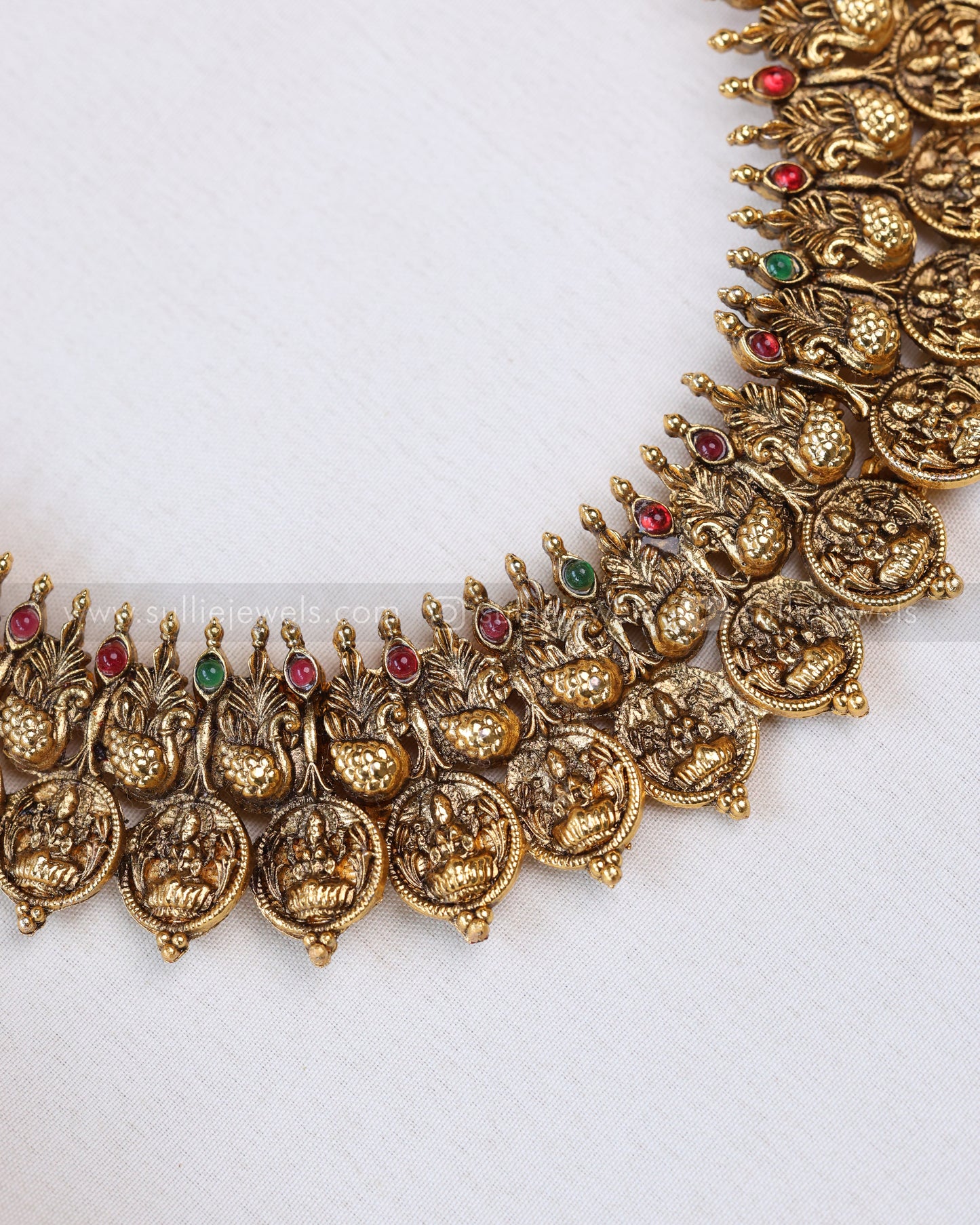 7189 - Sullie Basic - Multicolour Stone Peacock Lakshmi Coin Haram / Kaashu Maala with Jhumka