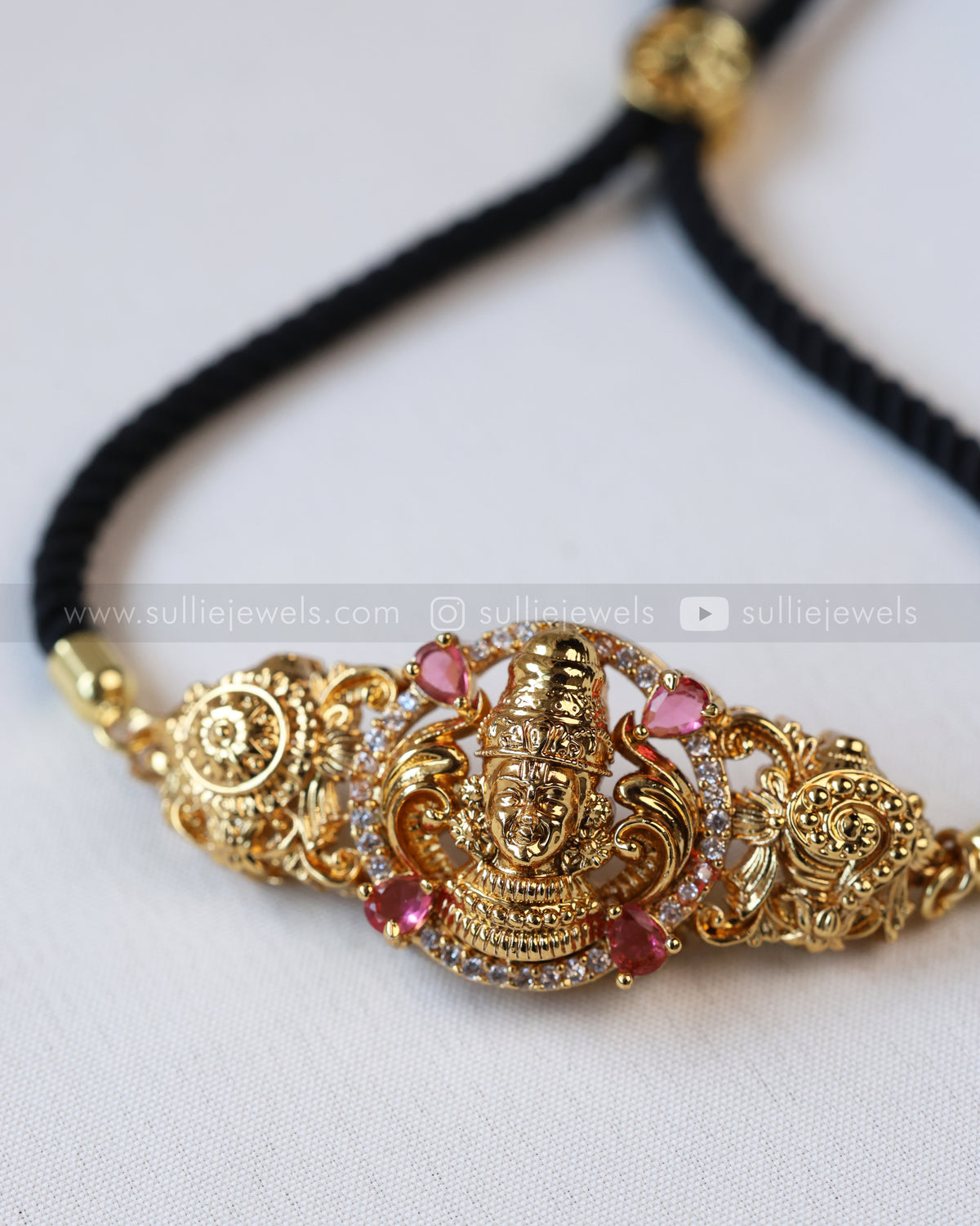 9095 - Adjustable Black Thread Bracelet with Lord Ruby Venkateshwara Charm