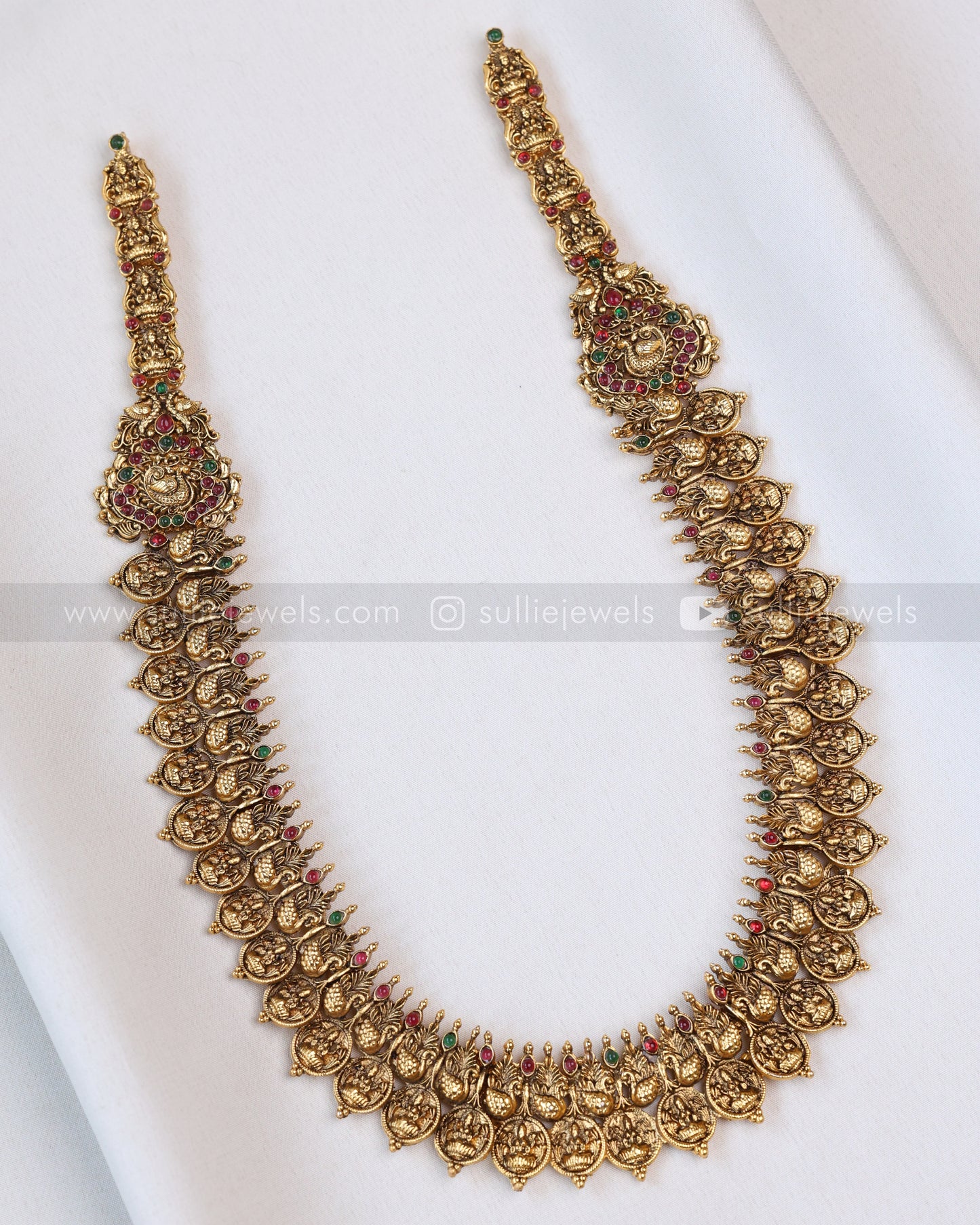 7189 - Sullie Basic - Multicolour Stone Peacock Lakshmi Coin Haram / Kaashu Maala with Jhumka