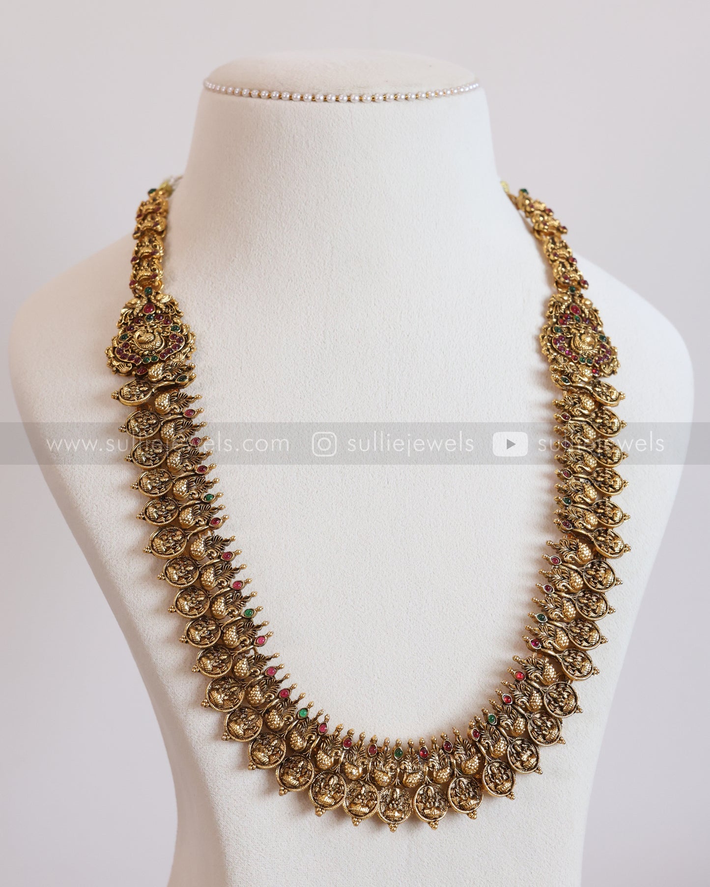 7189 - Sullie Basic - Multicolour Stone Peacock Lakshmi Coin Haram / Kaashu Maala with Jhumka