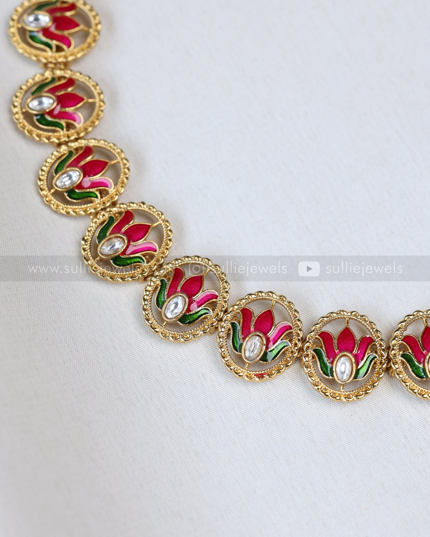 3700 - Premium Meenakari Pink Lotus Necklace with Stud