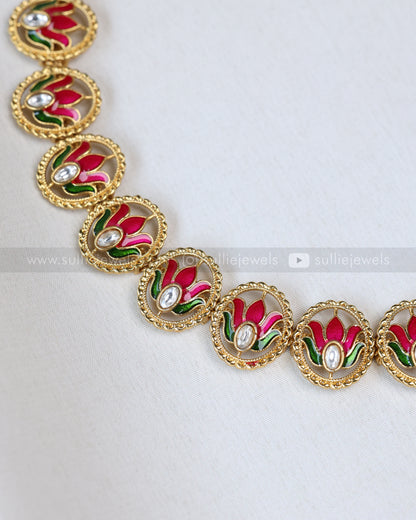 3700 - Premium Meenakari Pink Lotus Necklace with Stud