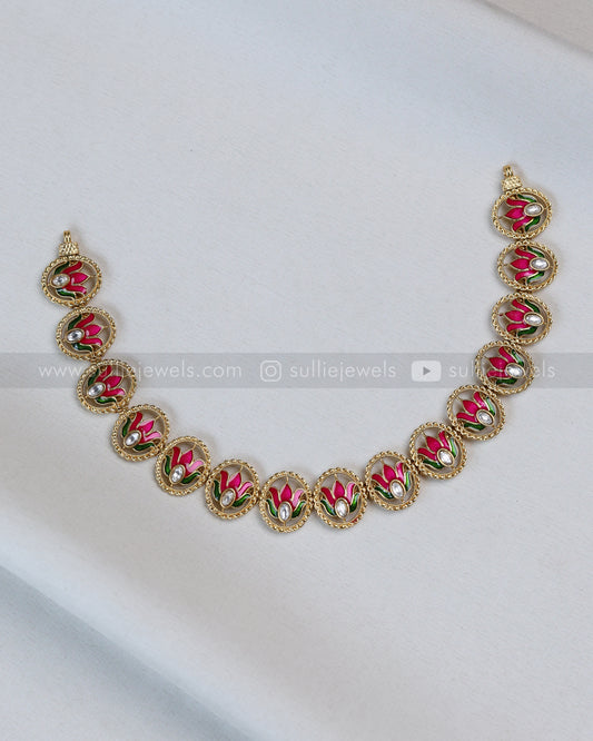 3700 - Premium Meenakari Pink Lotus Necklace with Stud