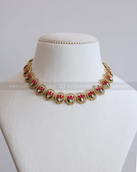 3700 - Premium Meenakari Pink Lotus Necklace with Stud
