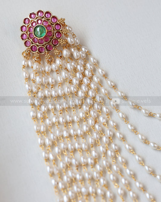 1091 - Round Floral Kemp Hair Brooch with Long Layered Rice Pearls Stands
