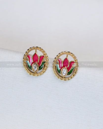 3700 - Premium Meenakari Pink Lotus Necklace with Stud