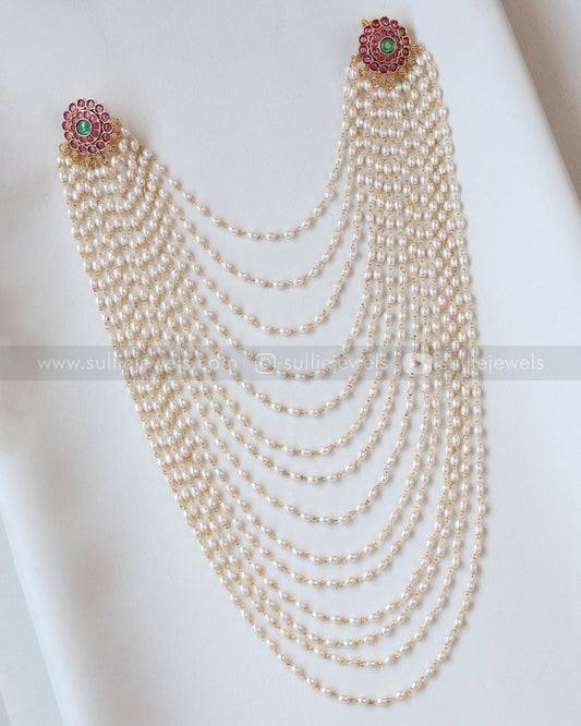 1091 - Round Floral Kemp Hair Brooch with Long Layered Rice Pearls Stands