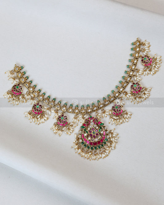 3712 -  Jadau Rice Pearl Guttapusalu Necklace Chain with Earrings