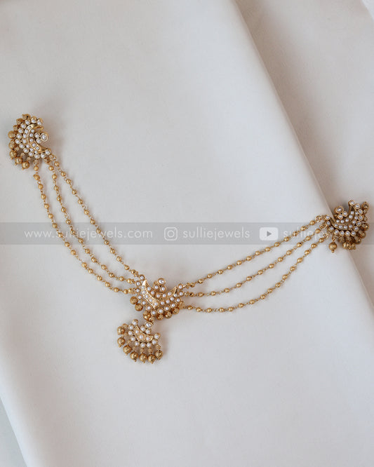 1092 - Designer Pearl & Gold Beads Three Layer Matti Hair Brooch