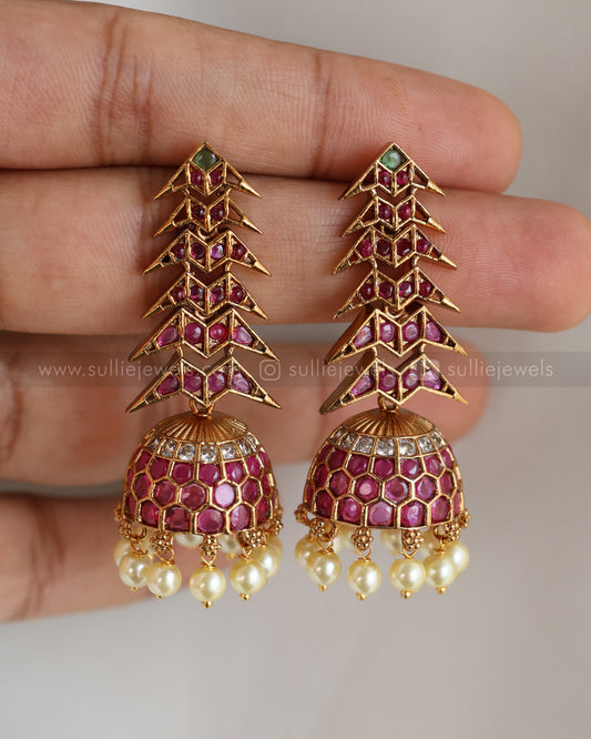 E1271 - Designer Ruby Stone Triangular Long Jhumka