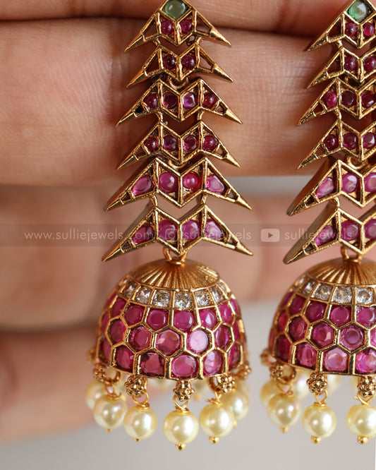 E1271 - Designer Ruby Stone Triangular Long Jhumka