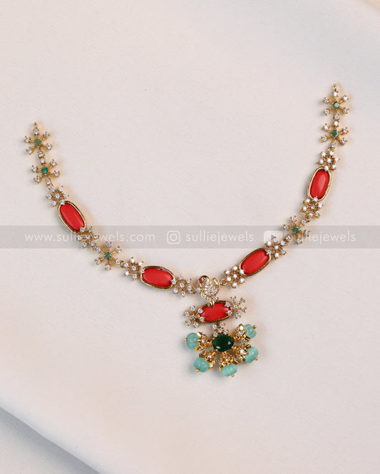 3957 -  Mint Beads & Orange AD Necklace with Earring