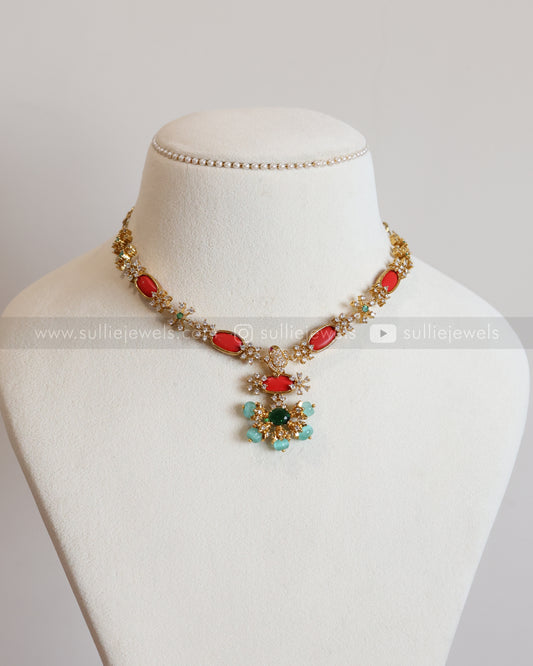 3957 -  Mint Beads & Orange AD Necklace with Earring