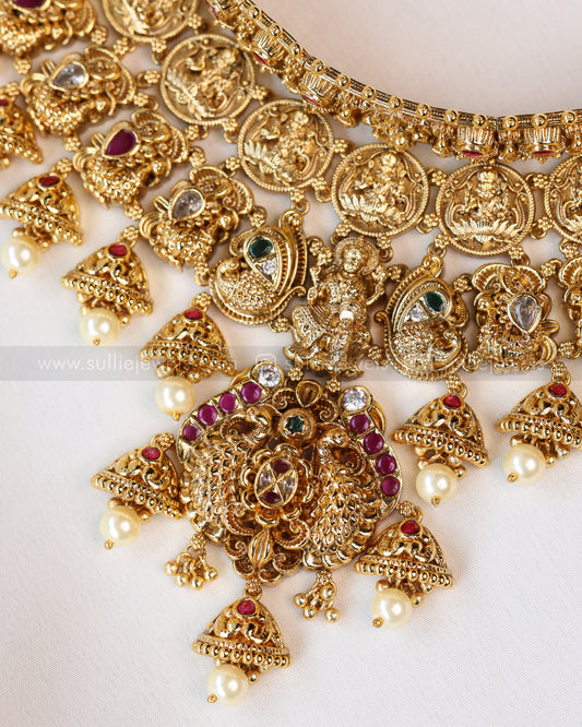 2178 -  Premium Lakshmi Peacock Coin Gold Tier Choker with Earring