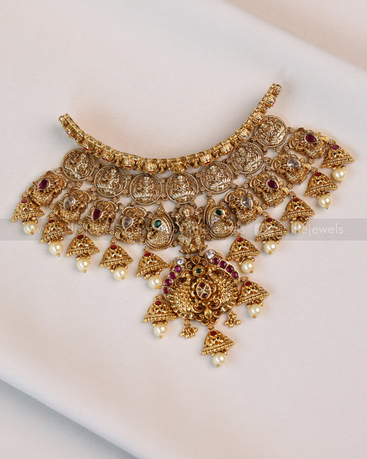 2178 -  Premium Lakshmi Peacock Coin Gold Tier Choker with Earring