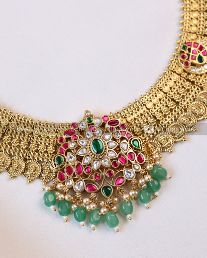 3956 - Double Layer Kemp Broad Coin Mint Beads Necklace with Jhumka