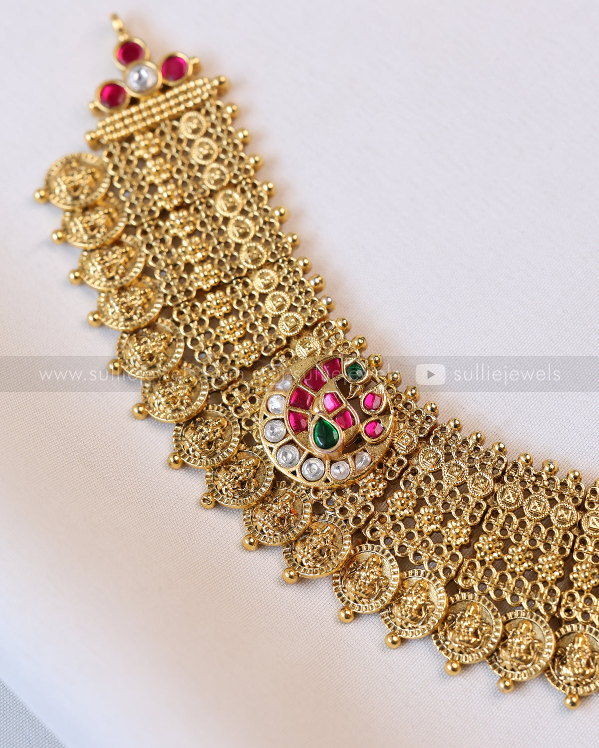 3956 - Double Layer Kemp Broad Coin Mint Beads Necklace with Jhumka