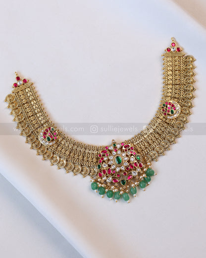 3956 - Double Layer Kemp Broad Coin Mint Beads Necklace with Jhumka