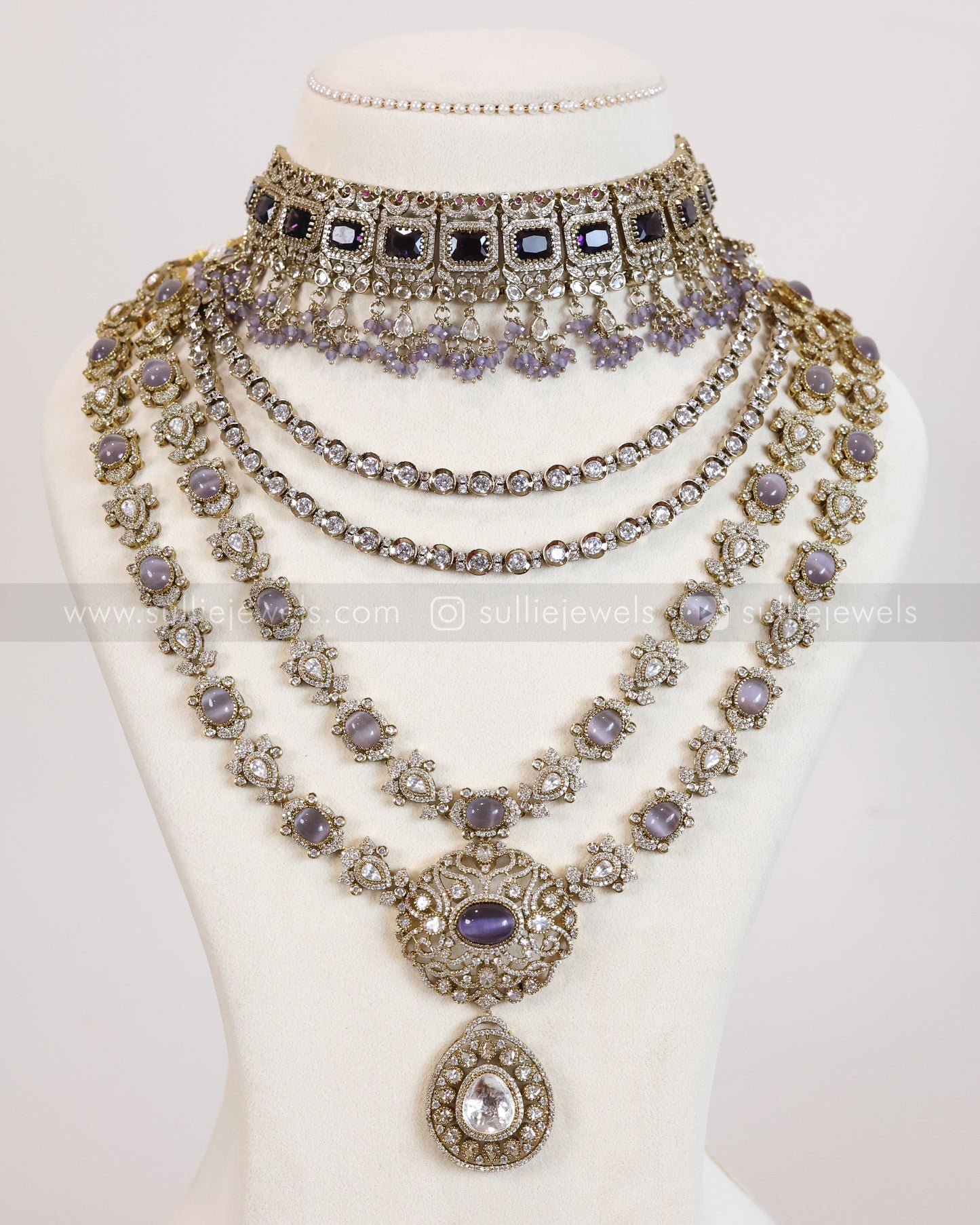 Premium Violet Victorian Polki Bridal Combo ( 5 piece )