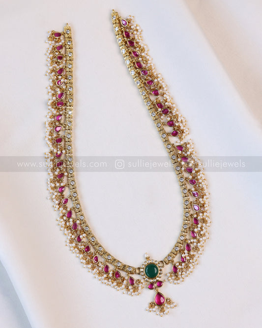 7220 - Premium Emerald Centre Stone Ruby Guttapusalu Long Chain with Earring