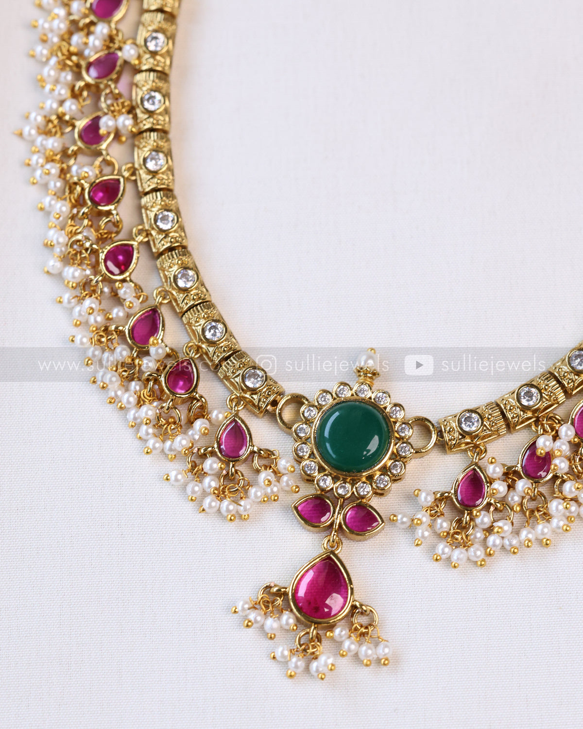 7220 - Premium Emerald Centre Stone Ruby Guttapusalu Long Chain with Earring