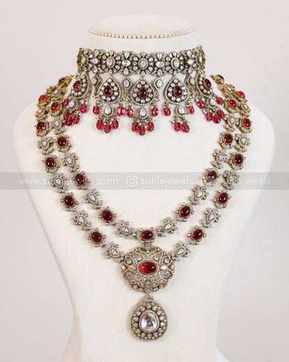 Premium Ruby Victorian Polki Bridal Combo ( 3 piece )