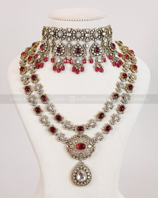 Premium Ruby Victorian Polki Bridal Combo ( 3 piece )