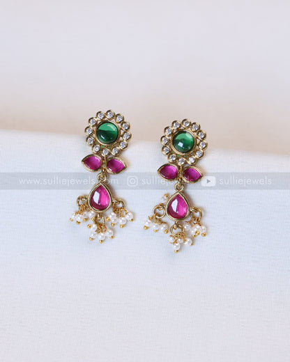 7220 - Premium Emerald Centre Stone Ruby Guttapusalu Long Chain with Earring