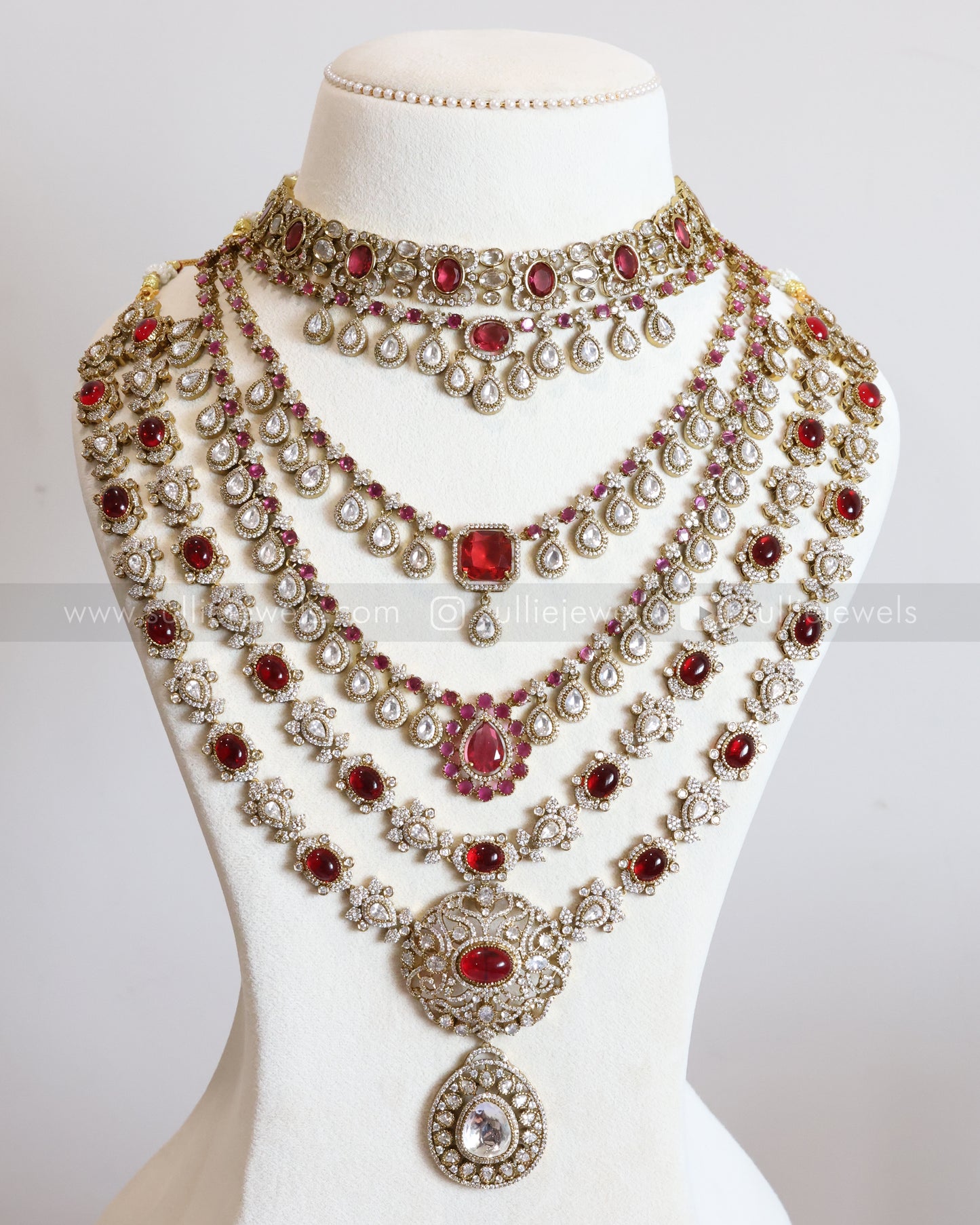 Premium Ruby Victorian Raindrop Polki Bridal Combo ( 5 piece )