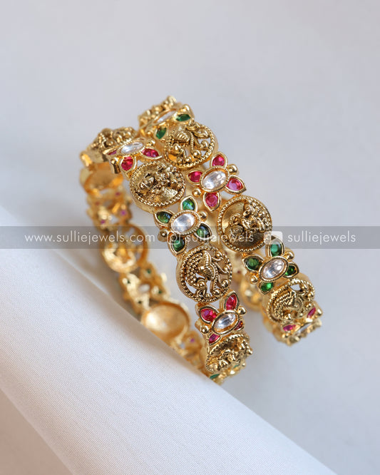 Lakshmi Red & Green Stone Gold Bangle - Set of 2