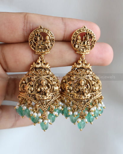 E1273 - Premium Lakshmi Antique Gold Heavy Designer Mint Beads Jhumka
