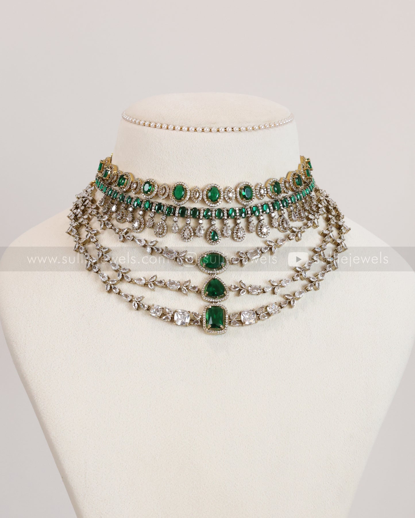 Premium Emerald AD Victorian Layered Necklace Combo - Green