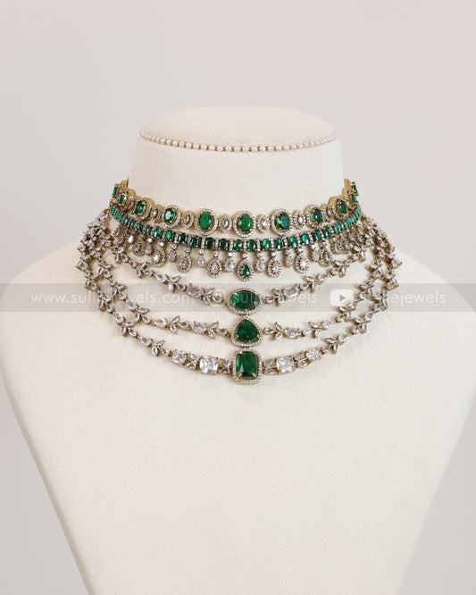 Premium Emerald AD Victorian Layered Necklace Combo - Green