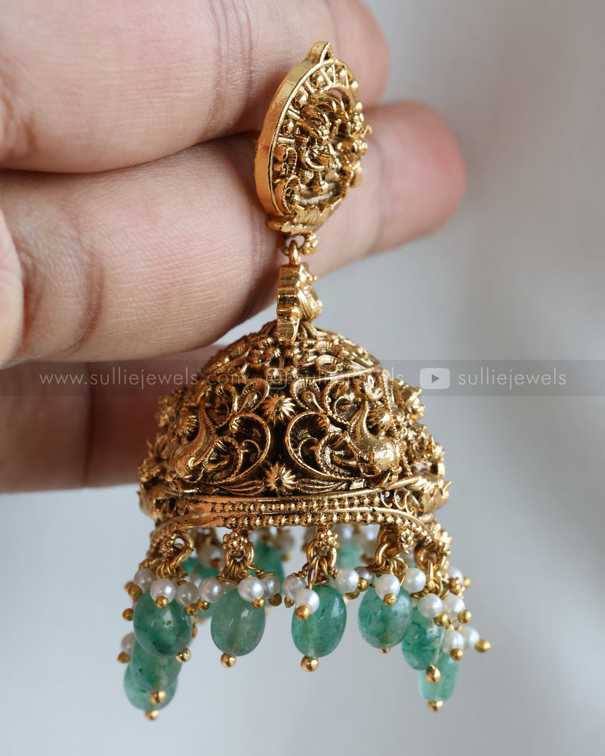E1273 - Premium Lakshmi Antique Gold Heavy Designer Mint Beads Jhumka