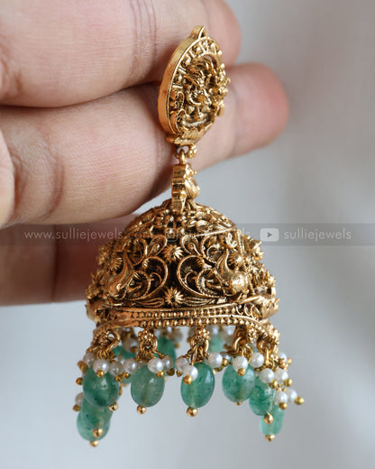 E1273 - Premium Lakshmi Antique Gold Heavy Designer Mint Beads Jhumka