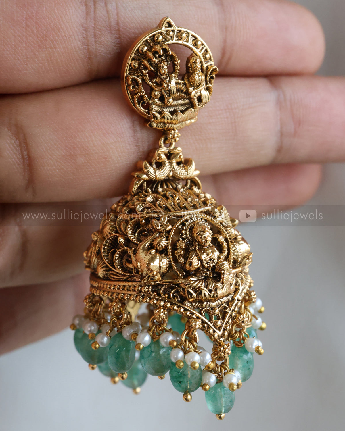 E1273 - Premium Lakshmi Antique Gold Heavy Designer Mint Beads Jhumka