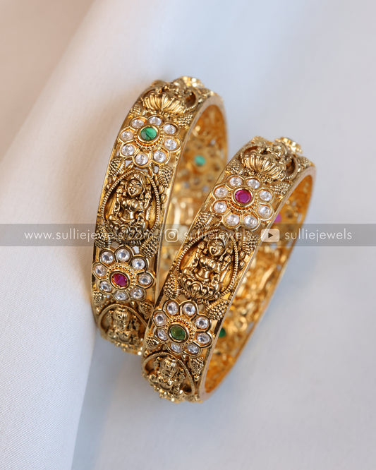 Flower & Lakshmi Stone Gold Bangle - Set of 2