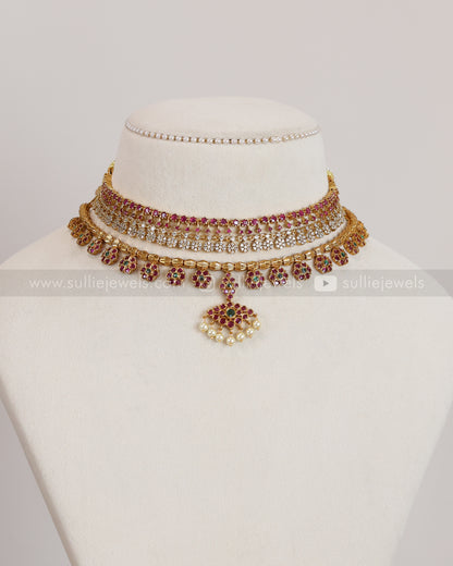 Floral AD Stone & Gold Tube Bead Attigai Layered Combo