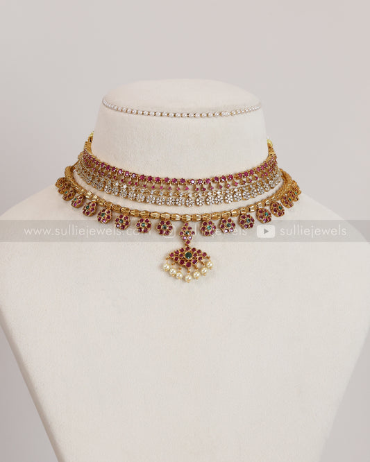 Floral AD Stone & Gold Tube Bead Attigai Layered Combo