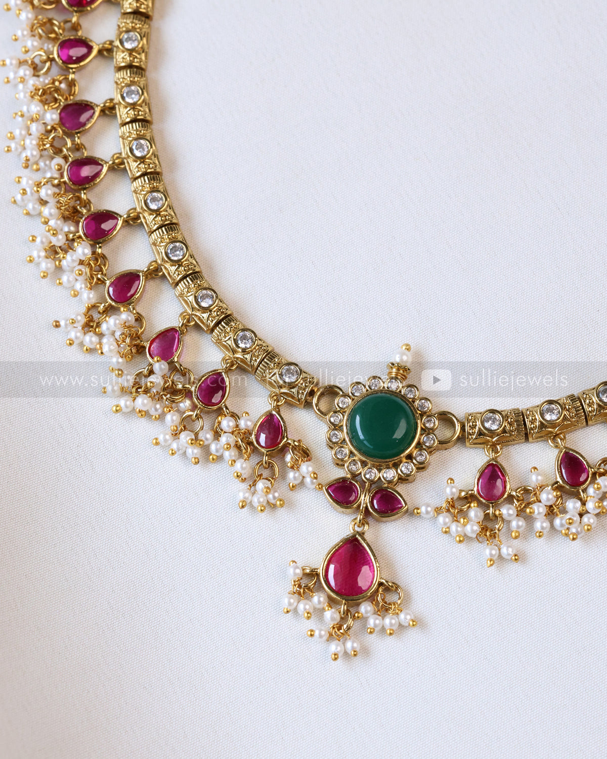 3966- Premium Emerald Centre Stone Ruby Guttapusalu Necklace with Earring