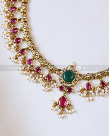 3966- Premium Emerald Centre Stone Ruby Guttapusalu Necklace with Earring