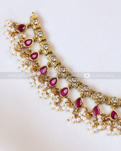 7220 - Premium Emerald Centre Stone Ruby Guttapusalu Long Chain with Earring