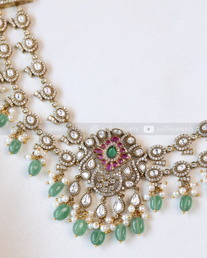 3968 - Victorian No Idol Polki Mint Beads Necklace with Earring