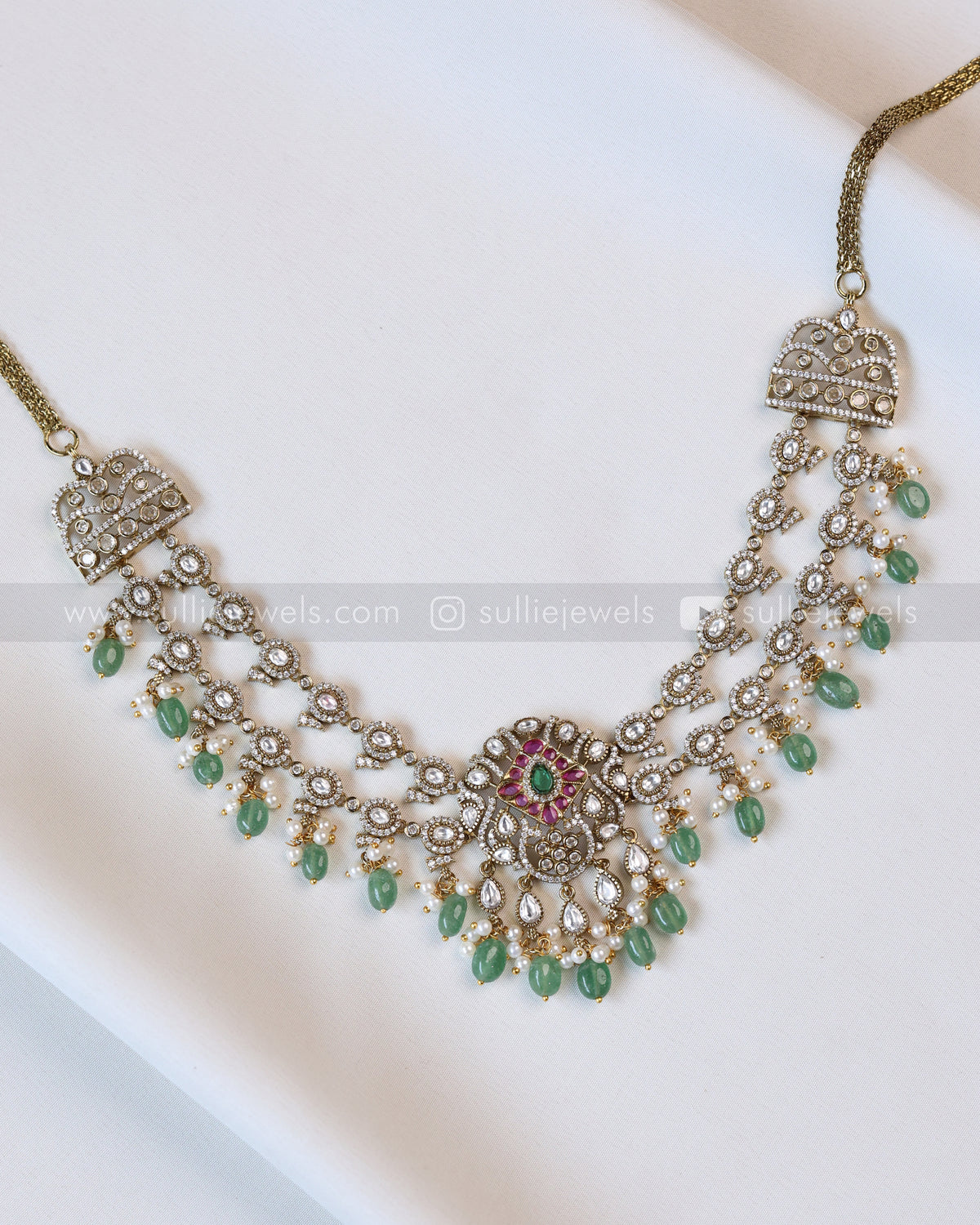 3968 - Victorian No Idol Polki Mint Beads Necklace with Earring
